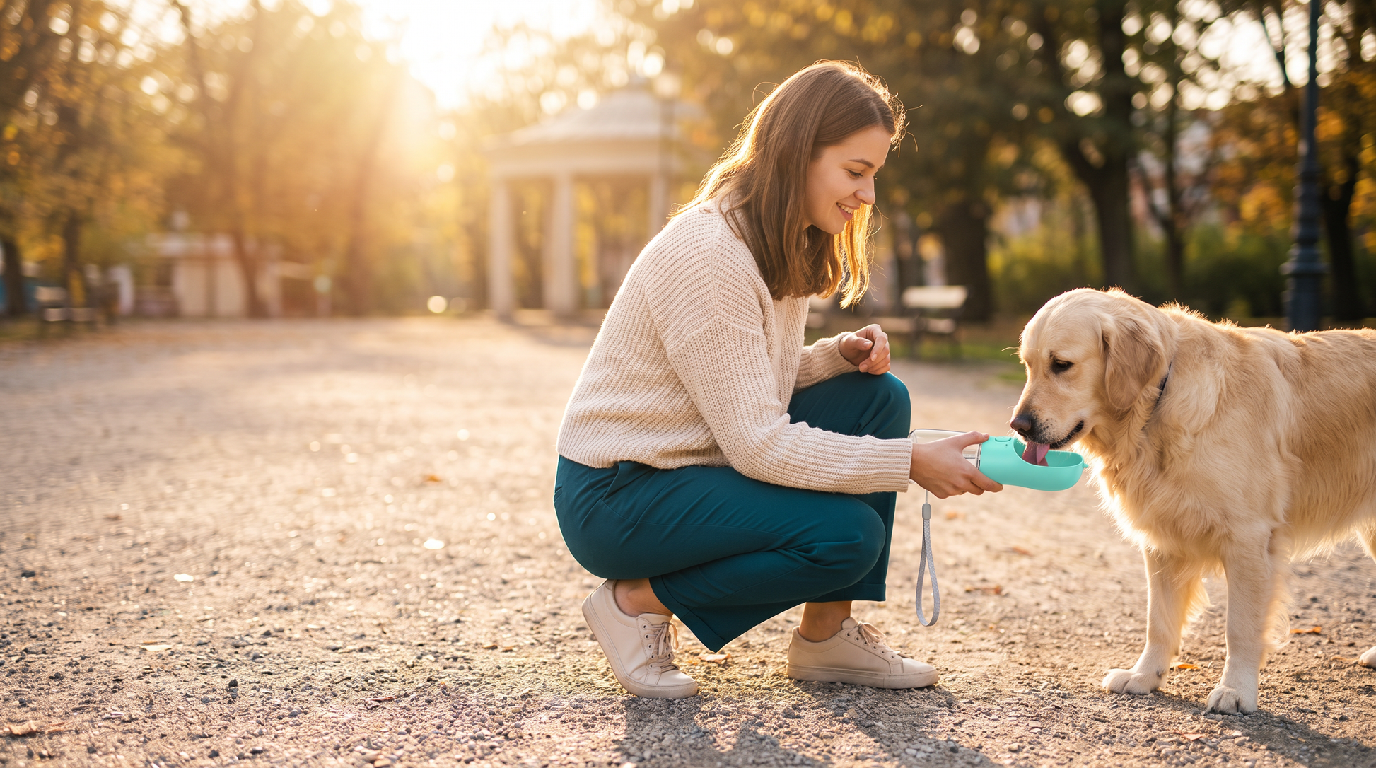Kobieta poi golden retrievera z miętowego bidonu dla psa podczas spaceru w parku
