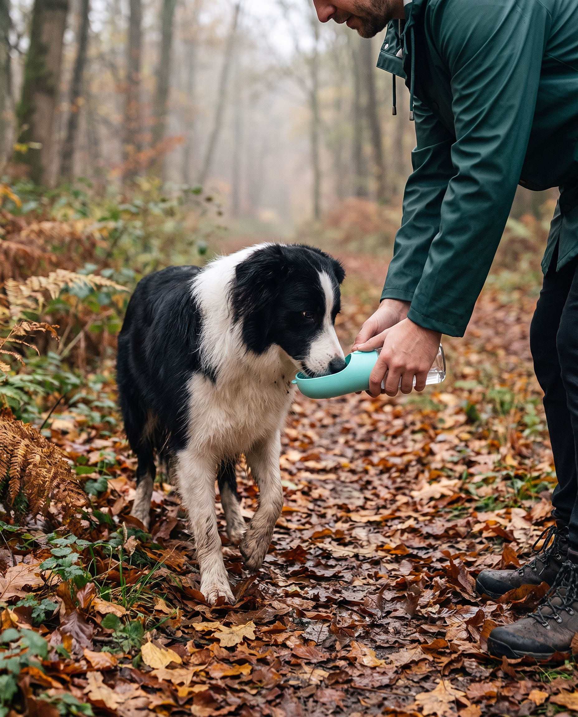 Border collie pije z bidonu dla psa na leśnej ścieżce jesienią