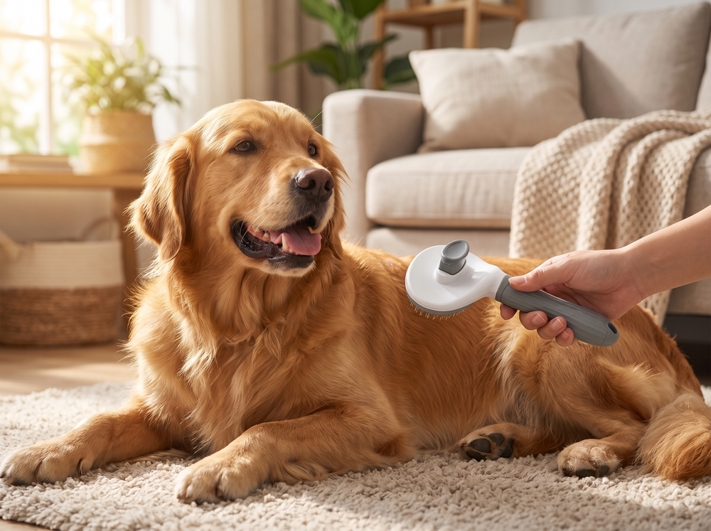 Szczotkowanie golden retrievera szara szczotka